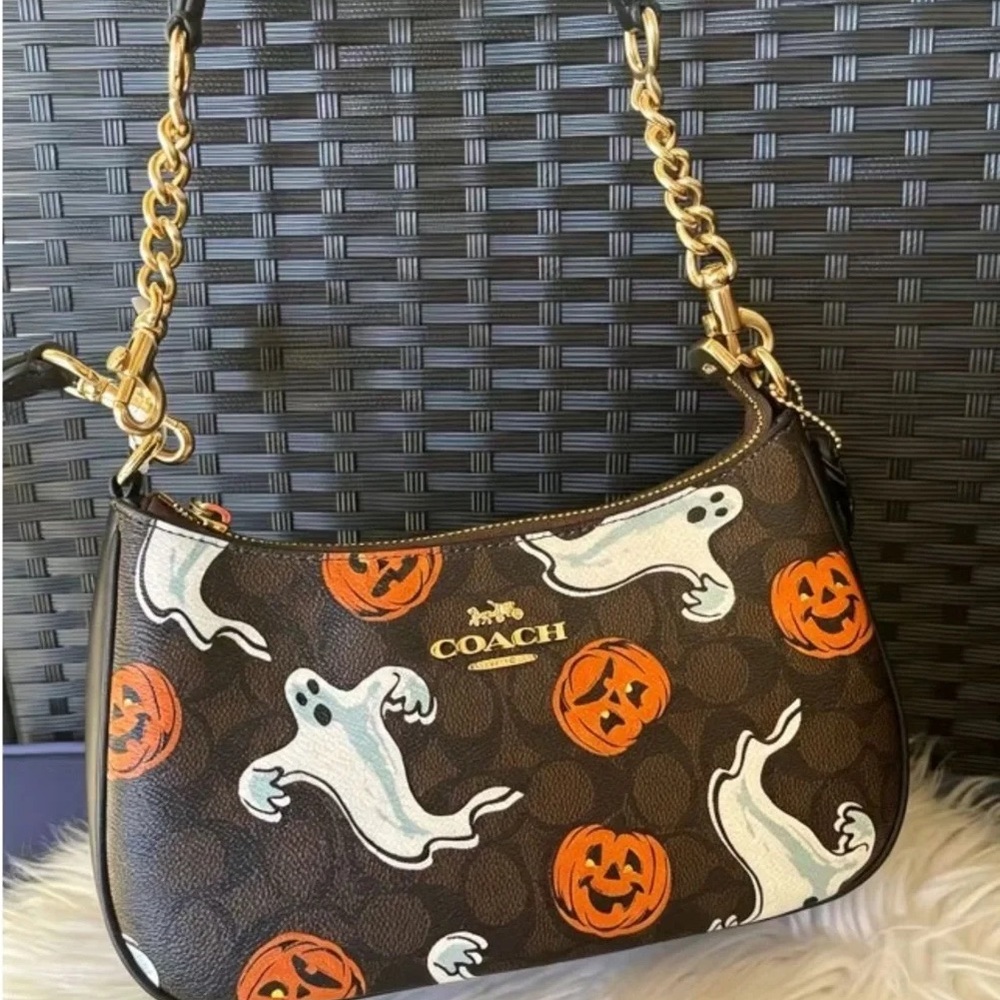 Coach Brown Shoulder Bag with White Ghosts and Orange Pumpkins